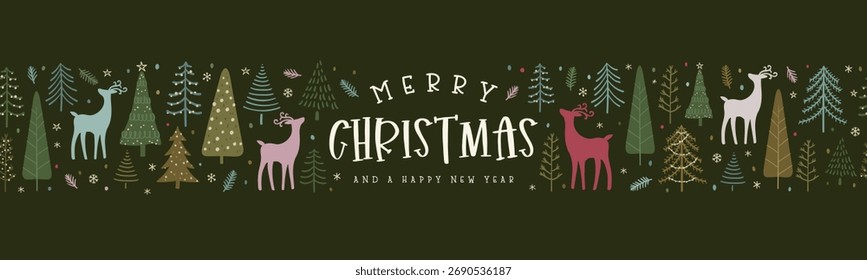 Hermoso patrón de Navidad sin fisuras con ciervos y árboles - dibujado a mano y detallado, ideal para textiles de Navidad, Anuncios, envoltorios, Fondos de pantalla - diseño de superficie de Vector
