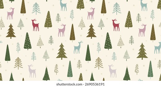 Hermoso patrón de Navidad sin fisuras con ciervos y árboles - dibujado a mano y detallado, ideal para textiles de Navidad, Anuncios, envoltorios, Fondos de pantalla - diseño de superficie de Vector