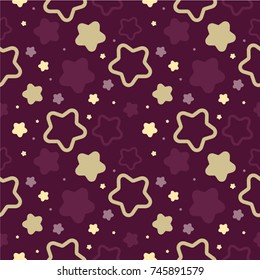 Beautiful christmas seamless pattern with golden stars on violet background. Template for fabric, wrapping paper and holiday background.