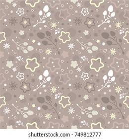 Beautiful christmas seamless pattern with golden stars and snowflakes on gray background. Template for fabric, wrapping paper and holiday background.