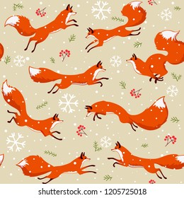 Beautiful christmas seamless pattern with gorgeous foxs. Amazing winter holiday wallpaper for your design. Vector illustration
