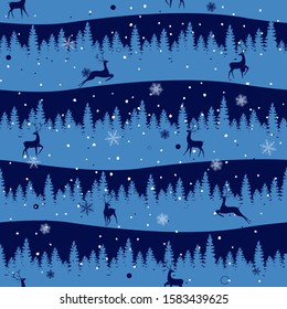 Beautiful christmas seamless pattern with gorgeous deer, snowflakes and winter forest. Amazing winter holiday wallpaper for your design.  Print for fabric.