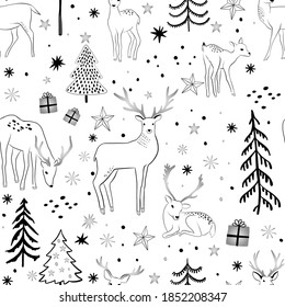 Beautiful christmas seamless pattern with gorgeous deers and snowflake. Amazing winter holiday wallpaper for your design. Vector illustration.