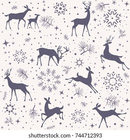 Beautiful christmas seamless pattern with gorgeous deers and snowflake. Amazing winter holiday wallpaper for your design. Vector illustration