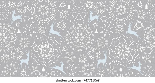 Beautiful Christmas Seamless Pattern With Gorgeous Deers And Snowflake. Amazing Winter Holiday Wallpaper For Your Design. Vector Illustration