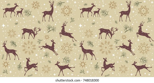 Beautiful christmas seamless pattern with gorgeous deers and snowflake. Amazing winter holiday wallpaper for your design. Vector illustration
