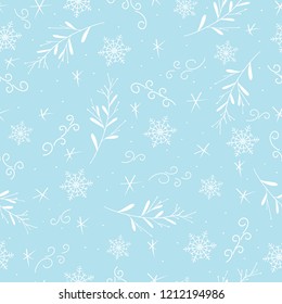 Beautiful Christmas seamless pattern. Hand drawn celebration background with snowflakes and omela plant on blue background. Vector for design, postcard, print, poster, christmas party, paper, textile.