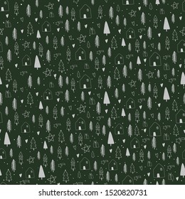Beautiful Christmas seamless pattern. Hand drawn doodle houses, trees, hearts, stars and gifts on green background. Vector wrapping paper design template.