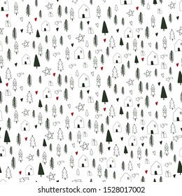 Beautiful Christmas seamless pattern of Hand drawn doodle houses, trees, hearts, stars and gifts on white background. Vector. Wrapping paper design template.
