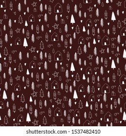 Beautiful Christmas seamless pattern. Hand drawn doodle houses, trees, hearts, stars and gifts on dark red background. Vector wrapping paper design template.