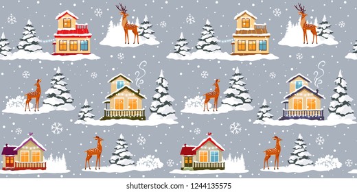 Beautiful christmas seamless pattern with beautiful houses and deer. Amazing winter holiday wallpaper for your design. Vector illustration