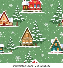 
Beautiful christmas seamless pattern with houses and trees. Amazing winter holiday wallpaper for your design. Vector illustration