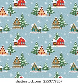 Beautiful christmas seamless pattern with houses and trees. Amazing winter holiday wallpaper for your design. Vector illustration