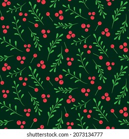 Beautiful Christmas seamless  pattern with mistletoe leaves and little holly berries. Great for Christmas  gift wrapping paper , greeting cards, wallpaper ,textile and home décor. 