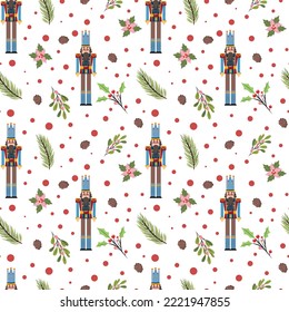 Beautiful Christmas seamless pattern with nutcracker, pinecones, leaves and flowers on white background. For textile, wrapping paper, cards, backgrounds, packaging. Vector seamless pattern. 