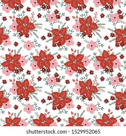 Beautiful Christmas seamless pattern with poinsettia flowers, red berries, fir tree branches on white background. Winter floral design for wrapping paper, srapbooking, textile. Vector illustration.