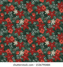 Beautiful Christmas seamless pattern with poinsettia flowers, red holly berries and leaveson green background. Winter floral design Vector illustration.