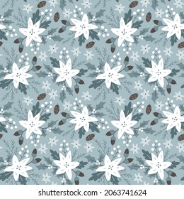 Beautiful Christmas seamless pattern with poinsettia flowers. White berries, acorns and fir tree branches on blue background. Winter floral design for wrapping paper, srapbooking, textile. Vector 