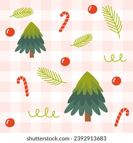 Beautiful christmas seamless pattern vector with pine tree and ornament. Hand drawn and detailed, great for christmas textiles, banners, wrappers, wallpapers.