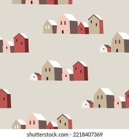 Beautiful Christmas seamless pattern. Village landscape with red Swedish houses, smoking . Nordic winter design for wrapping paper, textile. Vector illustration background.