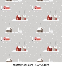 Beautiful Christmas seamless pattern. Winter snowy landscape with red houses, smoking chimney, white trees and falling snow. Nordic winter design for wrapping paper, textile. Vector background.