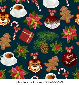 Beautiful Christmas seamless pattern.Christmas decorations, gingerbread cookies and candies in a Christmas vector pattern on a colored background.