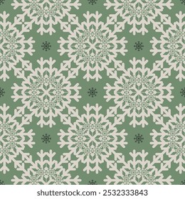 Bela textura de floco de neve de vetor sem costura de Natal em fundo verde. Padrão sazonal monocromático para papel de embrulho, cartões de saudação, convites, caixas de presente e fundo da web.