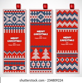 Beautiful Christmas set of banners with lace ornaments and knitted background can be used as a greeting cards
