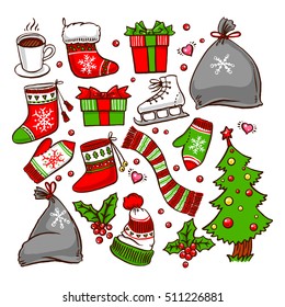 beautiful Christmas set with winter attributes. hand-drawn illustration