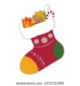 Beautiful Christmas sock with gifts and treats on white backgrou