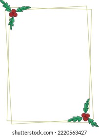 Beautiful christmas square frame with red berries and holly leaves vector illustration. Rectangular composite botanical border for New Year or Christmas greetings or invitations. Handmade graphics