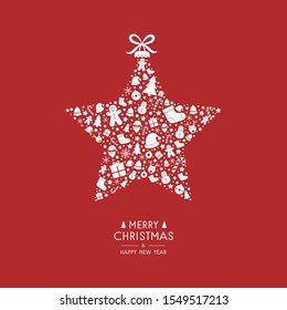 Beautiful Christmas star with festive icons and wishes. Xmas greeting card. Vector