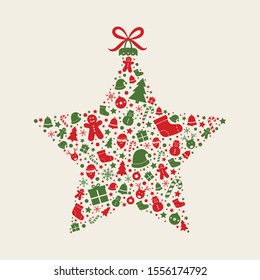 Beautiful Christmas star made of festive decorations. Vector