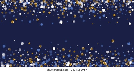 Beautiful Christmas star vector ornament graphic design. Gold blue white sparkle confetti. Poster stardust background. Christmas star icon shimmer. Festival subtle explosion.