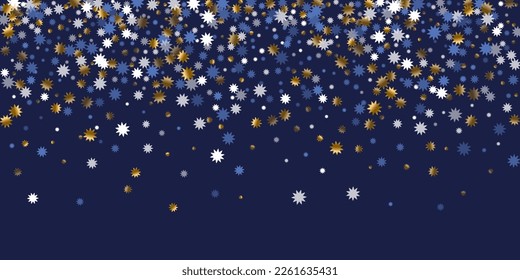 Beautiful Christmas star vector pattern graphic design. Gold blue white sparkle confetti. Poster stardust background. Christmas star icon shimmer. Twinkling magic decor.