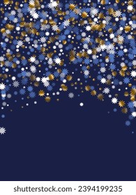 Schöne Weihnachtsstar-Vektorgrafik. Goldblauer Konfetti mit weißem Funkeln. Poster-Stille Hintergrund. Weihnachtssternsymbolpartikel. Weihnachtsfeierliche Explosion.