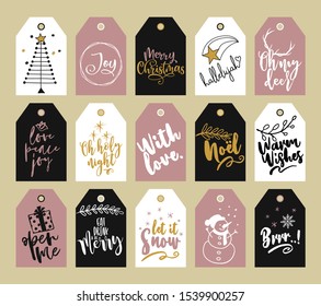 Beautiful Christmas tags collection. Modern Scandinavian style. Good for Xmas gift card, badge, labels. Modern Christmas gift tags with hand drawing elements.