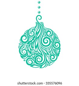 Beautiful Christmas toy ball. Decorated with flower pattern with spirals and swirls. Isolated on white background. background for greeting card and invitation of the merry christmas and happy new year