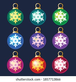 Beautiful Christmas toys in the amount of 9 pcs. Different colors with a pattern of snowflakes