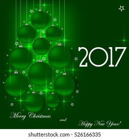 Beautiful Christmas tree of balls on a green  background.  Vector  illustration