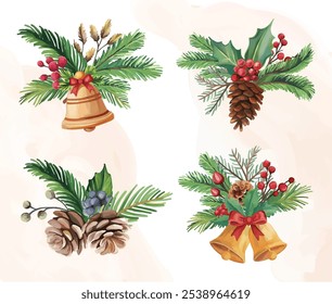 Beautiful Christmas tree branch composition with yellow bells, pine cones, and red berries, perfect for festive decorations and holiday-themed designs, adding warmth to any setting.