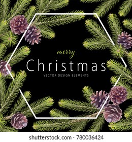 Beautiful christmas tree branches frame with pine cones. Vector set of holiday's background for Christmas, New Year invitations and greeting card design.
