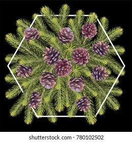 Beautiful christmas tree branches frame with pine cones. Vector set of holiday's background for Christmas, New Year invitations and greeting card design.
