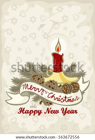 beautiful Christmas tree branches with red candle nuts and cones vintage colors winter holidays Christmas New Year card with wishes in English