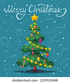 Beautiful Christmas tree. Cartoon vector illustration. Traditional plant with decoration and garlands. Happy New Year.