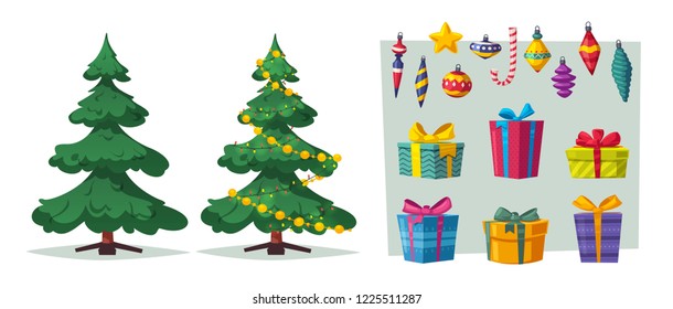 Beautiful Christmas tree. Cartoon vector illustration. Traditional plant with decoration and garlands. Happy New Year.