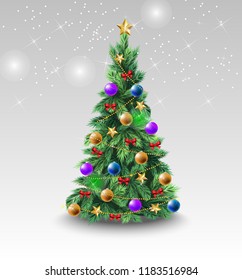 Beautiful Christmas tree with colorful balls. Decoration, bauble, evergreen conifer. New Year concept. Can be used for greeting cards, posters, leaflets and brochure