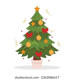 Beautiful Christmas tree decorated with balls, bows and stars. There are confetti all around. Vector graphic.