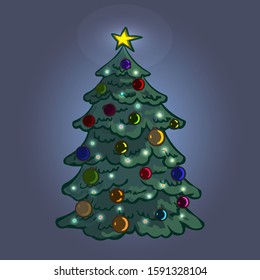  A beautiful Christmas tree decorated with shining toys and garlands. Vector postcard.
