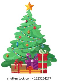 Beautiful christmas tree. Decorated spruce with gift boxes in cartoon style.
